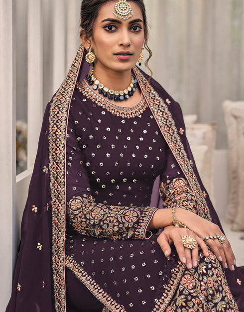 Traditional Function Wear Heavy Fox Georgatte Suit Collection Purple Heavy Fox Georgatte Palazzo Straight Close-up View
